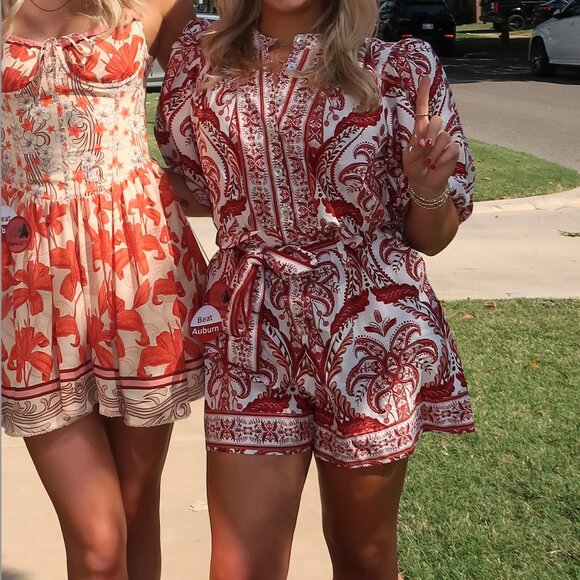 FARM Rio Off-White Tropical Cameo Organic Cotton Romper in Red - Picture 3 of 3